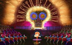 an animated character is standing in front of a stage with many lights and decorations on it