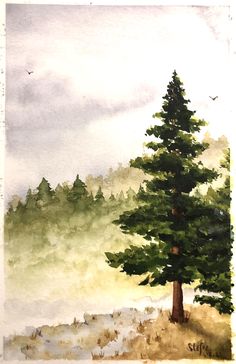 a watercolor painting of a pine tree on a hill with mountains in the background