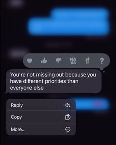 two texts are shown in the dark with blue light coming from them and one is saying, you're not missing out because you have different profiles than everyone else