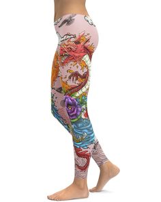 Womens Workout Yoga Tattooed Dragon Leggings Pink/Blue | Gearbunch.com Pink Sports Bottoms With Graphic Print, Pink Sports Shorts With Graphic Print, Pink Stretch Activewear With Graphic Print, Dragon Breathing, Koi Fish Swimming, Yoga Tattoos, Ship Sailing, Light Pink Background, Comfy Wear