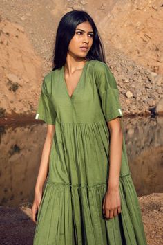 Khadi Cooton Dress Sap Green, Goddess Gown, Midi Dress With Pockets, When I Met You, Sustainable Clothing Brands, Tent Dress, Dresses Xxl, Tiered Midi Dress, One Clothing