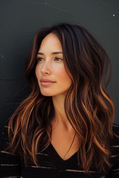 Copper Hair Streaks, Copper Balayage With Bangs, Brunette Balayage Hair Copper, Butterfly Layer Haircut, Copper Streaks, California Brunette Hair, California Brunette, Copper Balayage Brunette