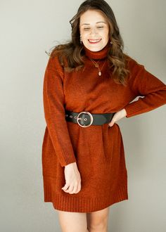 A soft, cozy, and very warm knit sweater dress, perfect for walks in early autumn. I love pairing this with our Newt Coat, or the Evermore shacket, for a full look! Dress is thickly knit, with a roll turtleneck, and loose boxy shape. It comes in a rust color, or nice, warm beigey camel. I've cinched it here with a belt, but wear it without if you want it extra comfy! Model is wearing a small Small: length - 31”, width - 24” Medium: length - 32”, width - 25” Large: length - 33”, width - 26” Remin Warm Knit Sweater, Early Autumn, Rust Dress, Full Look, Newt, Early Fall, Knit Sweater Dress, Rust Color, Medium Length