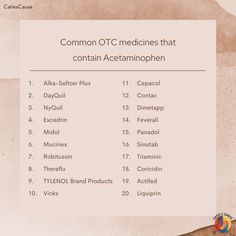 Acetaminophen is the most common drug ingredient in America. There are more than 600 medicines that contain acetaminophen as an active ingredient, including prescription (Rx) and over-the-counter (OTC) medicines! Here's a list of some common brand-name medicines, some forms of which contain acetaminophen.  Never double dose acetaminophen.   Not medical advice. - Source: https://www.knowyourdose.org/common-medicines/  #catiescause #doit4catie #painreliever #feverreducer #otcmedicines #nonprofit Over The Counter Medicine List, Pharmacy Notes, Fever Reducer, Medical Terminology, Medical Prescription, Together We Can