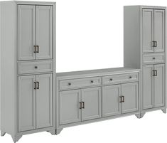 a white cabinet with two doors and three drawers on each side, in front of a white background