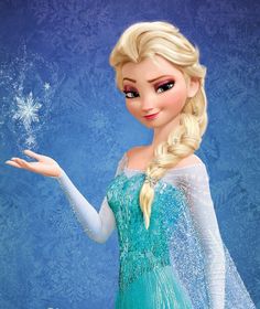 a frozen princess holding out her hand with snow flakes on it's side