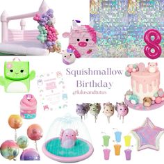 a collage of birthday items including balloons, cake and decorations