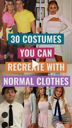 some people are dressed up in costumes and posing for the camera with text over them that reads 30 costumes you can recrete with normal clothes