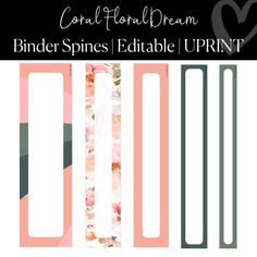 four different colored dividers with the text, coral floral dream binder spines / editable