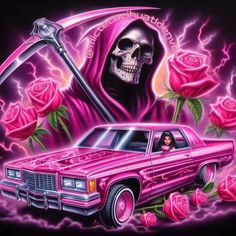 a pink car with a skull on the hood and two roses in front of it