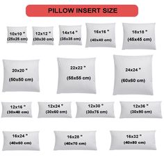 pillow insert size chart for all sizes of pillows and bed linens, with measurements to choose from