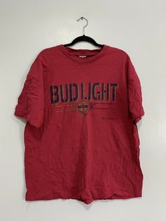 Vintage 1993 Bud Light Print Signal Sports Tshirt Single Stitched. Retro Nike Shirts, 90s Style Red T-shirt For Sports, 90s Logo Print Tops For Sports Season, 90s Style Crew Neck T-shirt For College, 90s Crew Neck Sports Tops, 90s Style Crew Neck Sports Tops, 90s Style Red T-shirt For College, Vintage Red T-shirt For Sports, 90s Red T-shirt For Sports