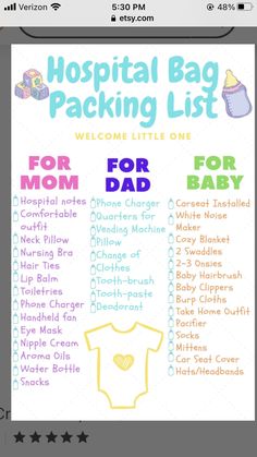 the hospital bag packing list for mom and baby is shown in multicolored font