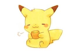 a drawing of a pikachu holding a coffee cup