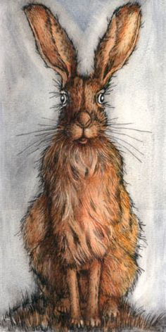 a drawing of a brown rabbit sitting on top of a grass covered ground with its eyes wide open