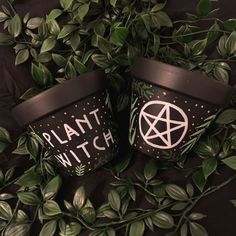 two plant witches mugs sitting next to each other on top of green leaves and plants