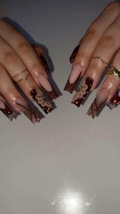 Dope Nail Designs French Tip, Glamour Nails Designs, Brown Prom Nails, Brown And Red Nails, Birthday Nail Design, Sophisticated Nails, Brown Nail