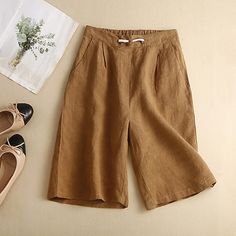 Season:Summer; Fabric:Linen; Gender:Women's; Style:Casual Daily; Elasticity:Inelastic; Occasion:Weekend; Fit Type:Regular Fit; Function:Breathability,Comfortable; Pattern:Plain; Design:Drawstring,Side Pockets; Pants Type:Shorts; Front page:FF; Listing Date:06/14/2024; Production mode:External procurement; Hips:; Length:; Waist:; Fit US Size:; Fit UK Size:; Fit EU Size:; Pants Length:Short; Print Type:non-printing Non-stretch Casual Beach Shorts, Casual Non-stretch Beach Shorts, Casual Non-stretch Vacation Shorts, Casual Non-stretch Shorts For Vacation, Summer Bermuda Bottoms In Solid Color, Solid Color Bermuda Bottoms For Summer, Relaxed Fit Solid Color Shorts For Summer, Non-stretch Knee-length Shorts, Trendy Solid Color Summer Shorts