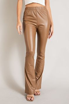 Faux leather high-waisted bell bottom pants. NOTE: If your size is not available, please register your email in EMAIL ME WHEN AVAILABLE link. Bell Bottom Pants, Faux Leather Pants, Bell Bottom, Me When, Bell Bottoms, Leather Pants, Not Available, Camel, Faux Leather