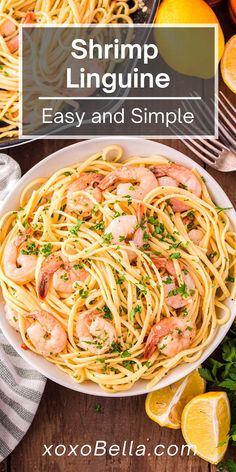 shrimp linguine pasta in a white bowl with lemons and parsley on the side