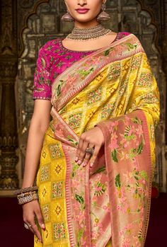 Thread, Sequence, Zarkan, Moti, Zari, Diamond & All Over Flower Aplic Heavy Work Stitching Option - We will email you the measurement guide to confirm your size. FABRIC: Pure Dola BLOUSE: Raw Silk COLOR: Yellow and Pink SAREE FABRIC SIZE: 5.5 Meters BLOUSE FABRIC SIZE: 0.80 Meters Bonus offer - We will automatically add a free mystery gift with your order. The product will be shipped within 1 to 2 weeks from the date of purchase. Product is returnable if un-Stitched This product qualifies for fr Yellow And Pink Saree, Tassels Saree, Saree Styling, Lehenga Saree Design, Salwar Dress, Blouse Details, Dress Salwar Kameez, Blouse Measurement, Asian Countries