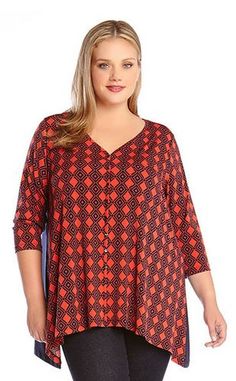 PLUS SIZE TANGERINE ORANGE AND BLUE DIAMOND PRINT HANDKERCHIEF TOP #Tangerine #Orange #Blue #Diamond #Print #Handkerchief #Top #Fashion #Plus #Plus_Size #Resort #Resort_2015 #Plus_Size_Fashion Dillards Women, Plus Size Style, Curvy Fashionista, Tangerine Orange