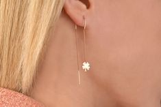 Our clover earring is 14k solid rose gold. It fits your all outfit with a dainty and minimalist style. If you consider the rose gold clover threader as a gift, it makes happy your loved ones on their birthdays, valentine's day, mother's day, graduations, anniversaries, and Christmas. 🎁 If you want, you can add a gift note for your loved ones. It arrives in a special jewelry gift box. ✨ We respond to your questions happily. Your question will be answered within 24 hours. Do not hesitate to conta Delicate 14k Rose Gold Earrings, Minimalist 14k Rose Gold Threader Earrings, 14k Rose Gold Earrings As Gift, Single Rose Gold Threader Earring As A Gift, Dainty Rose Gold Threader Earrings For Gift, 14k Rose Gold Dangle Threader Earrings, Dainty Rose Gold Earrings With Delicate Chain, Minimalist Rose Gold Threader Earrings, Simple Rose Gold Earrings For Gift