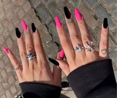 Different Colored Acrylic Nails, Nail Ideas For Valentines Day Pink, Black And Colored Nails, Pink Purple Black Nails, Valentines Nails With Black, Goth Coffin Acrylic Nails, Almond Acrylic Nails Designs Edgy, Dark Valentines Day Nails Short, Yungblud Inspired Nails