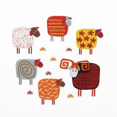 four sheep are standing in a circle on a white background with red, yellow and orange designs