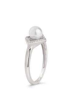 A pearly touch tops off a charming ring fashioned from bright sterling silver and speckled with cubic zirconia inlays. Imitation-pearl size: 6–6.5mmmm Sterling silver/imitation pearl/cubic zirconia Imported Silver Pearl Rings With Diamond Accents, Silver Rings With Diamond Accents And Pearl, White Gold Pearl Ring With Diamond Accents For Promise, Classic White Cubic Zirconia Pearl Ring, White Pearl Ring With Diamond Accents In Sterling Silver, Gift Kit, Diy Kits Gift, Keep Jewelry, Free Gift Wrapping