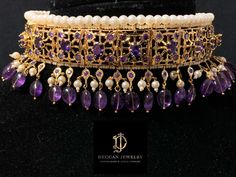 Ready to ship choker with earrings Made using high quality Cz stones with natural amethyst ovals 22ct gold plated Delivered in 3-5 days within USA Elegant Gold Choker With Stone Work, Elegant Purple Gold-plated Jewelry, Elegant Stone Work Choker For Gift, Elegant Gold Gemstone Choker, Elegant Round Choker With Stone Work, Elegant Purple Kundan Necklace As Gift, Traditional Jeweled Oval Jewelry, Elegant Purple Jewelry For Festivals, Elegant Purple Kundan Necklace For Wedding