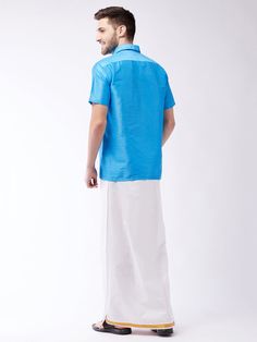 VASTRAMAY Men's Aqua Blue And White Silk Blend Shirt And Mundu Elevate your traditional wardrobe with the VASTRAMAY Men's Aqua Blue And White Silk Blend Shirt And Mundu. Designed for comfort and elegance, this ensemble is perfect for festive occasions, weddings, and cultural celebrations. Features Premium silk blend fabric Elegant aqua blue and white color combination Traditional and contemporary design Comfortable fit for all-day wear Perfect for festive occasions and cultural events Specificat Traditional Fit Short Sleeve Shirt, Traditional Blue Shirt For Summer, Traditional Blue Summer Shirt, Traditional Blue Fitted Shirt, Traditional Fitted Blue Shirt, Half Shirts For Men, Dhoti For Men, Formal Pants For Men, Formal Pant For Men