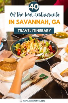 people eating at a restaurant with text overlay that reads 40 of the best restaurants in savannah, ga travel itinerary