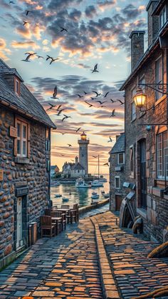 birds are flying over the cobblestone street in front of buildings and water at sunset