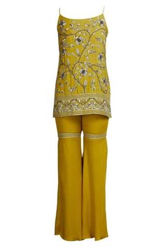 Shop for Samatvam by Anjali Bhaskar Yellow Georgette Satin Hand Embroidered Kurta Set for Women Online at Aza Fashions Dori Embroidery, Embroidery Kurta, Yellow Kurta, Satin Hands, Kurta Set For Women, Floral Work, Embroidered Border, Silk Organza, Kurta Set