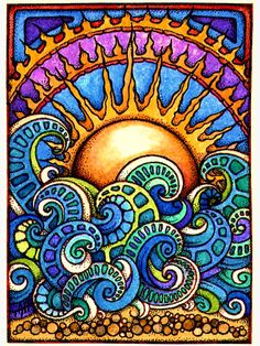 the sun and sea are depicted in this art print by artist susan schreck