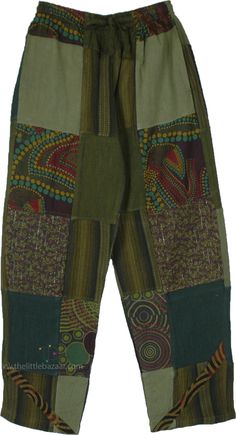 Patchwork cotton pants for summer are chic, boho, unrestricted, and environmentally friendly, with their recycled patchwork design and a pocket on either side. It has green overdye on an assorted patchwork in different colors and fabrics. #tlb #SplitSkirtsPants #Patchwork #Unisexbohopants #FestivalPants #patchworkpants #hippiecottonpants Green Patchwork Bottoms For Summer, Hippie Cotton Bottoms With Floral Patchwork, Summer Green Patchwork Bottoms, Bohemian Cotton Pants With Floral Patchwork, Multicolor Cotton Pants With Patch Pockets, Bohemian Cotton Bottoms With Patchwork, Bohemian Cotton Bottoms With Floral Patchwork, Hippie Style Cotton Bottoms With Patchwork, Hippie Style Patchwork Cotton Bottoms