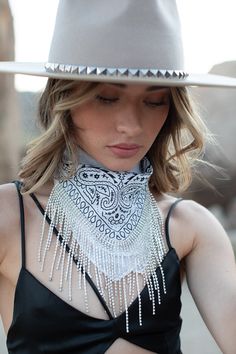 Say no more, contest over! You win in this crystal fringe bandana. Perfect for any concert, festival, or night out!! Handmade by our couture seamstress. Traditional White Bandana For Festival, White Bohemian Bandana With Bandana Print, Bohemian Bandana With Bandana Print For Festivals, Fringe Bandana, Bandana Neck Scarf, Crystal Fringe, Say No More, Looks Country, Crystal Trim