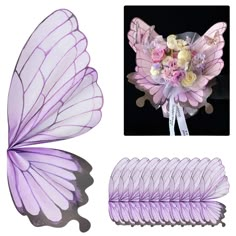 a purple butterfly with flowers on it's wings next to a bunch of hair combs