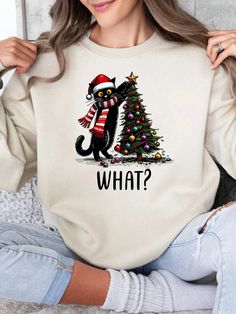 Plus Size Women's Christmas Tree Letter Printed Loose Casual Sweatshirt, Fall/Winter Apricot Casual  Long Sleeve Fabric Christmas,Geometric,Letter Pullovers Non-Stretch Fall/Winter Women Plus Clothing, size features are:Bust: ,Length: ,Sleeve Length: Cat With Santa Hat, Black Cat Christmas, Cute Black Cat, Meowy Christmas, Cartoon Outfits, Cat Sweatshirt, Tree Shirt, Cat Christmas, Christmas Cat