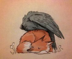 a drawing of a sleeping fox with a bird on its head