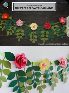 paper flowers are hanging on the wall next to a sign that says diy paper flower garland