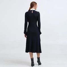 Timeless and very elegant, this dress is embellished on collar with pleated cotton and on cuffs with buttons.  It highlights your silhouette with subtlety and grace. To pair with boots, any heels heels or sneakers. Main material: 50% Polyacylonitrile, 28% Polyester, 22% Polyamid Machine wash, gentle cycle, 30 degrees max. Evening Midi Dress With Button Cuffs, Elegant Midi Dress With Pleated Hem For Daywear, Elegant Winter Dress With Button Cuffs, Evening Midi-length Dresses With Button Cuffs, Size 10 Models, Versatile Outfits, Knit Midi, Knit Midi Dress, Mens Jewelry Bracelet