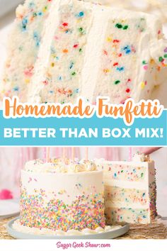 homemade funfetti better than box mix cake with white frosting and sprinkles