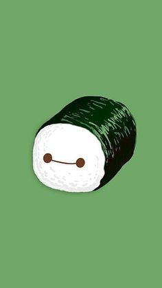 a green and white sushi with eyes drawn on it's side, against a green background