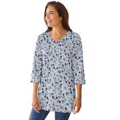 Stylish and soft v-neck tunic from our popular Perfect Tunic collection. Comfortable, relaxed fit ideal for everyday wear. Available in a wide range of stock-up worthy colors and gorgeous prints. Versatile 30" tunic length provides perfect coverage. Ideal for layering or wearing alone in any season. Solids: 100% cotton; Prints/Heathers: cotton/poly blend for durability and comfort. Easy care – simply machine wash and wear. Imported Gauze Tunic, Tie Dye Women, Woman Within, Womens Crewneck, Swimsuits For All, Tunic Length, Womens Tunics, Comfortable Outfits, Three Quarter Sleeves