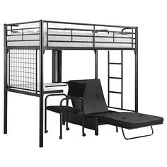 a bunk bed with a futon chair underneath it and a ladder to the top