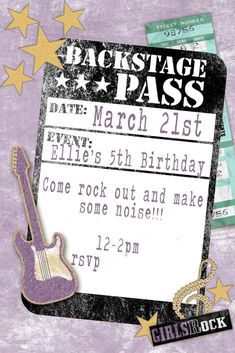 an old concert ticket with a guitar and stars around it on a purple paper background