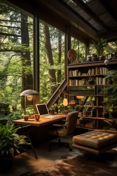 a home office with lots of plants and bookshelves