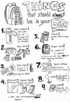 a hand drawn poster with the words things that should be in your bag and how to use it